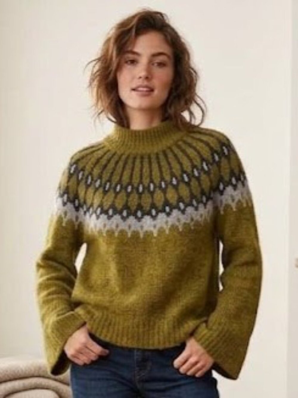 Banana Republic Alpaca Blend Olive Green Fair Isle Mock Neck Sweater Size Small